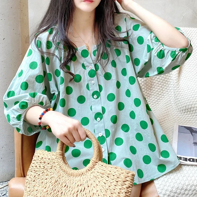 娃娃衫 通勤 韓版 寬鬆 v領 燈籠袖 清新 圓點 襯衫