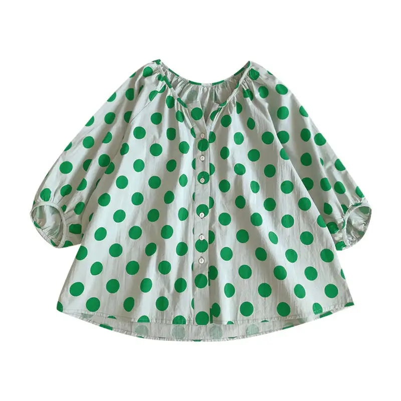 娃娃衫 通勤 韓版 寬鬆 v領 燈籠袖 清新 圓點 襯衫