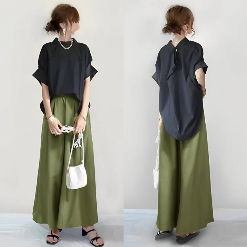 日韓小高領短袖襯衫+寬褲兩件套 簡約風套裝五分袖 OOTD 薄紗透氣柔軟寬鬆 蝴蝶結繫帶穿搭