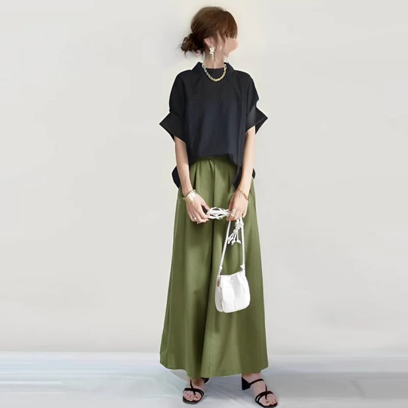 日韓小高領短袖襯衫+寬褲兩件套 簡約風套裝五分袖 OOTD 薄紗透氣柔軟寬鬆 蝴蝶結繫帶穿搭