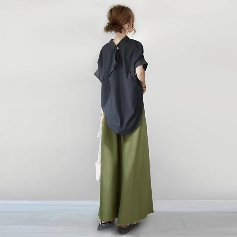 日韓小高領短袖襯衫+寬褲兩件套 簡約風套裝五分袖 OOTD 薄紗透氣柔軟寬鬆 蝴蝶結繫帶穿搭