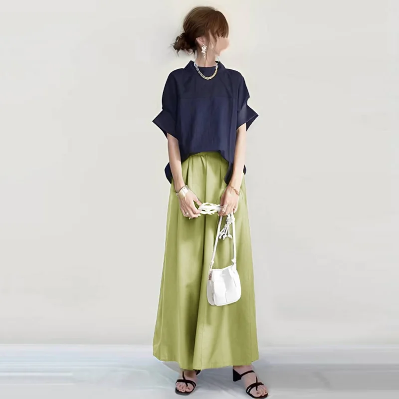 日韓小高領短袖襯衫+寬褲兩件套 簡約風套裝五分袖 OOTD 薄紗透氣柔軟寬鬆 蝴蝶結繫帶穿搭