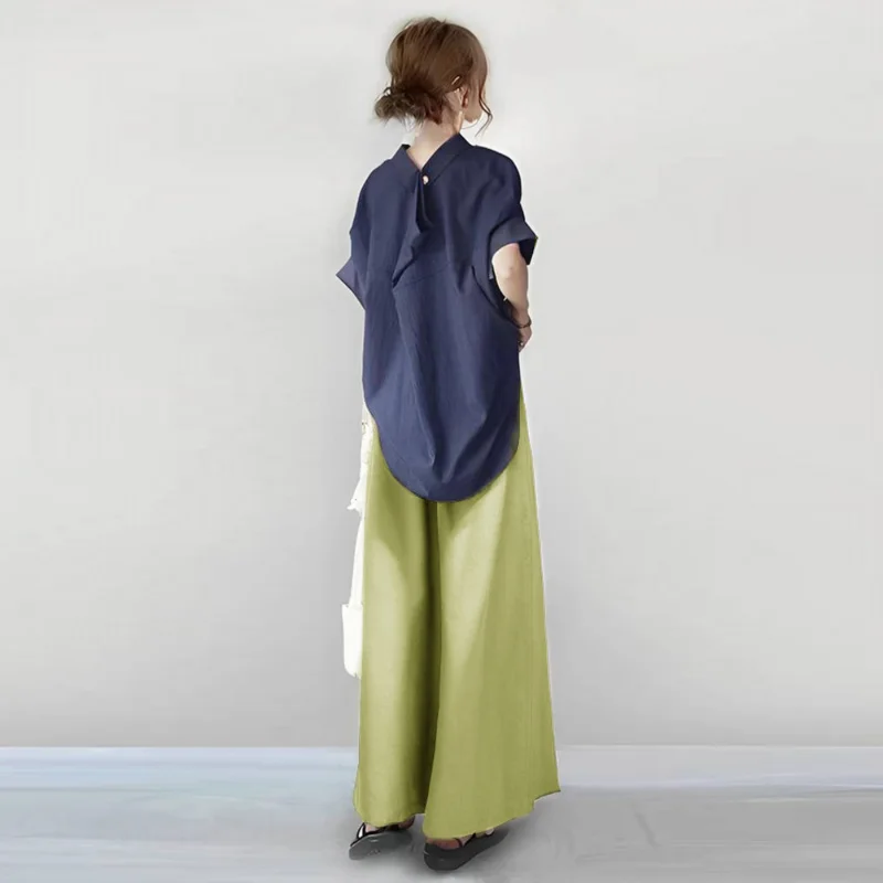 日韓小高領短袖襯衫+寬褲兩件套 簡約風套裝五分袖 OOTD 薄紗透氣柔軟寬鬆 蝴蝶結繫帶穿搭