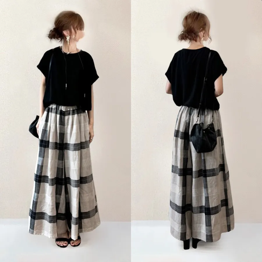 休閑套裝 格子寬褲套裝 短袖套裝 圓領短袖+闊腿褲兩件套