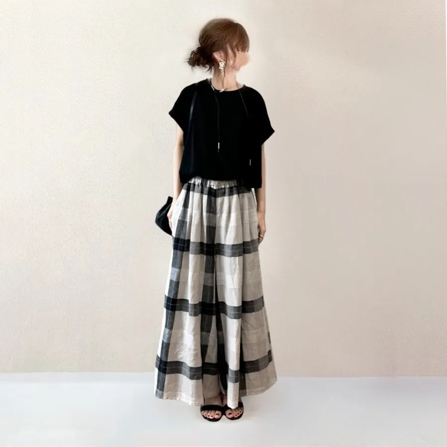 休閑套裝 格子寬褲套裝 短袖套裝 圓領短袖+闊腿褲兩件套