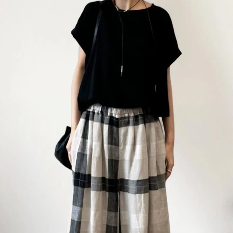 休閑套裝 格子寬褲套裝 短袖套裝 圓領短袖+闊腿褲兩件套