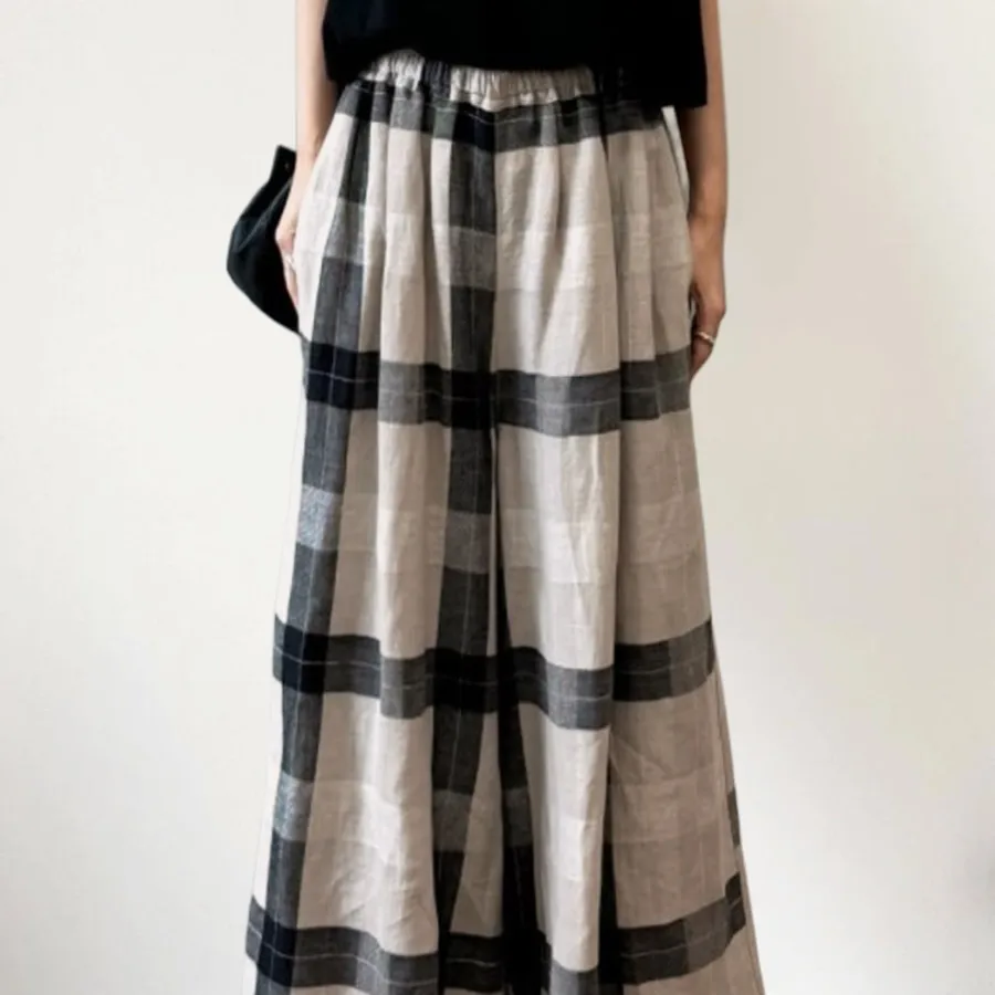 休閑套裝 格子寬褲套裝 短袖套裝 圓領短袖+闊腿褲兩件套