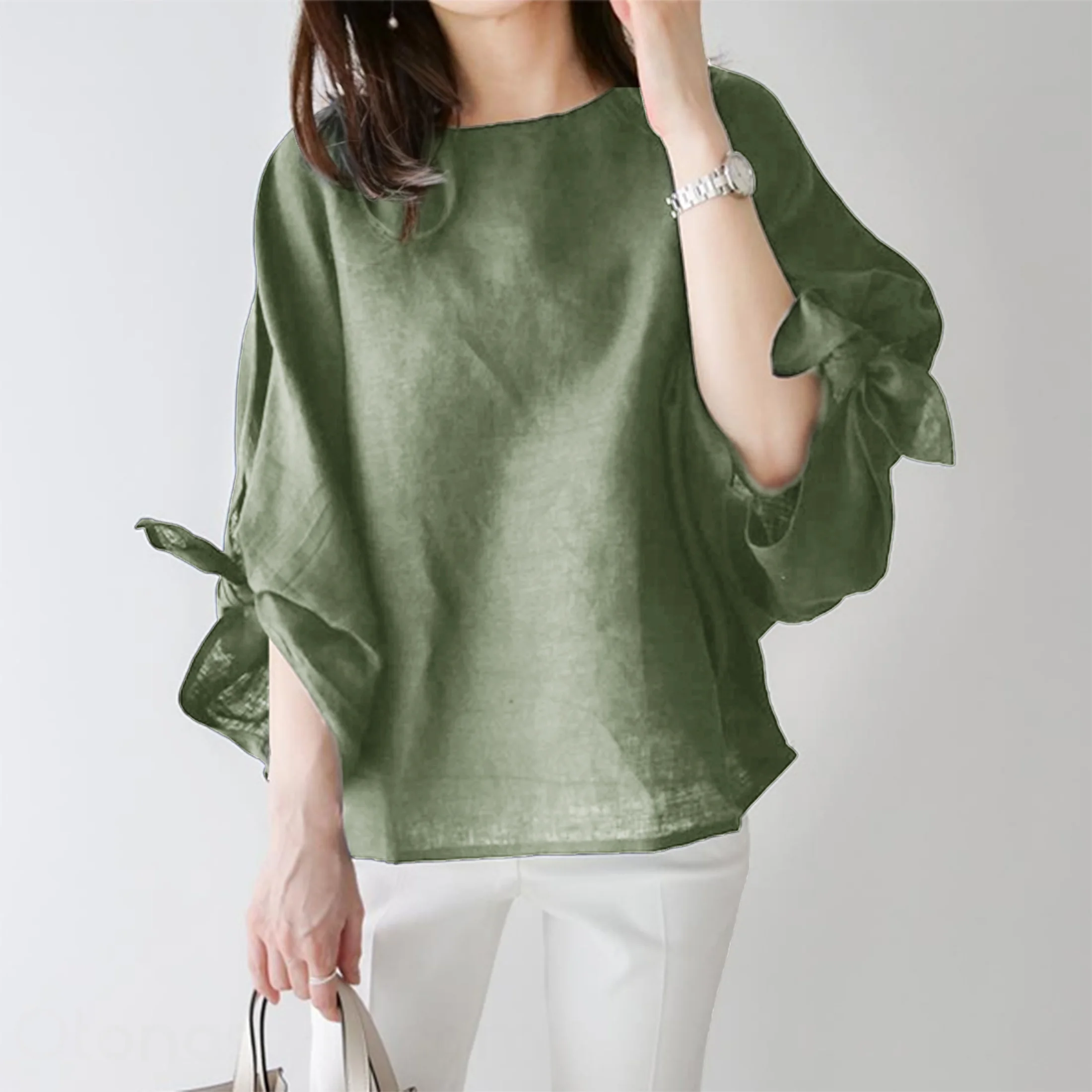 蝴蝶結綁帶 棉麻簡約圓領套頭連肩七分袖襯衫 上衣TOP喇叭袖寬鬆遮肉顯瘦