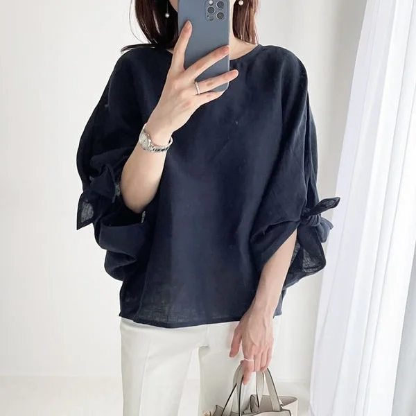 蝴蝶結綁帶 棉麻簡約圓領套頭連肩七分袖襯衫 上衣TOP喇叭袖寬鬆遮肉顯瘦