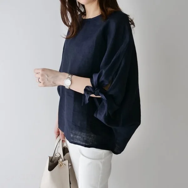 蝴蝶結綁帶 棉麻簡約圓領套頭連肩七分袖襯衫 上衣TOP喇叭袖寬鬆遮肉顯瘦