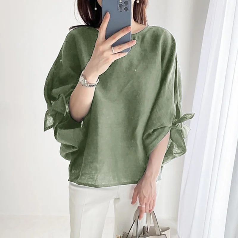 蝴蝶結綁帶 棉麻簡約圓領套頭連肩七分袖襯衫 上衣TOP喇叭袖寬鬆遮肉顯瘦