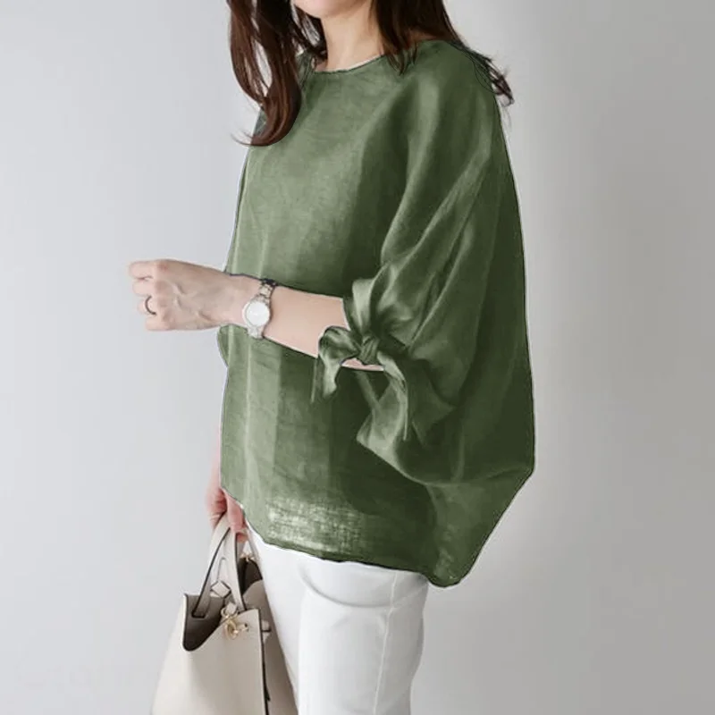 蝴蝶結綁帶 棉麻簡約圓領套頭連肩七分袖襯衫 上衣TOP喇叭袖寬鬆遮肉顯瘦