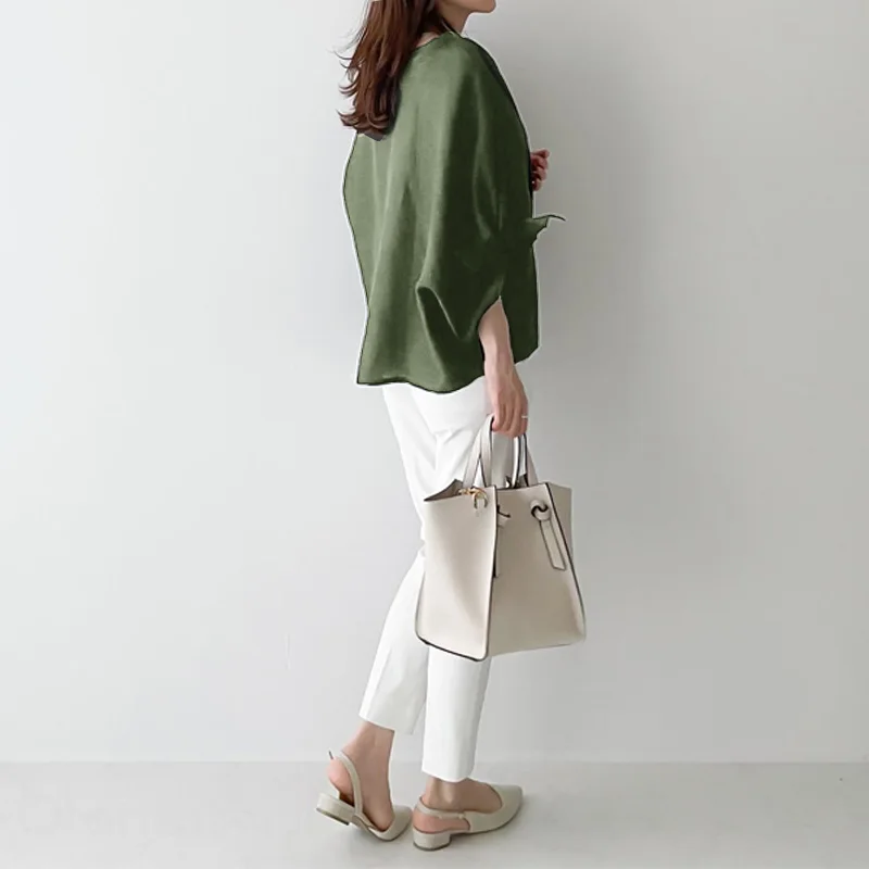 蝴蝶結綁帶 棉麻簡約圓領套頭連肩七分袖襯衫 上衣TOP喇叭袖寬鬆遮肉顯瘦