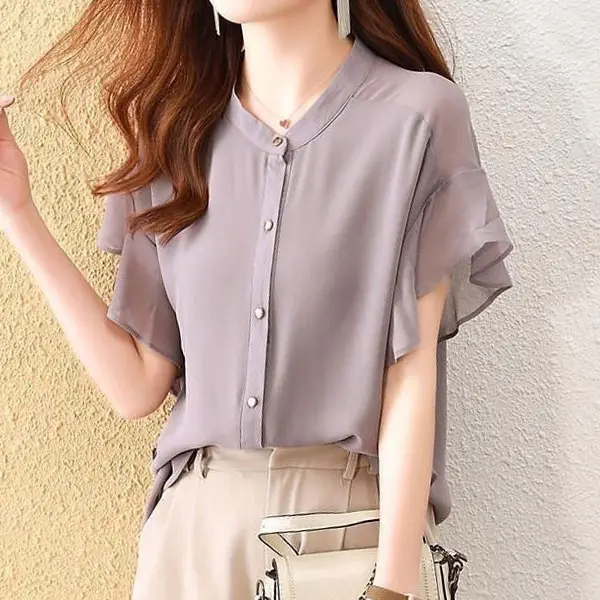 透膚清涼百搭雪紡襯衫 寬鬆顯瘦上衣 飛飛袖飛鼠袖 喇叭袖 荷葉邊 花邊 純色襯衫