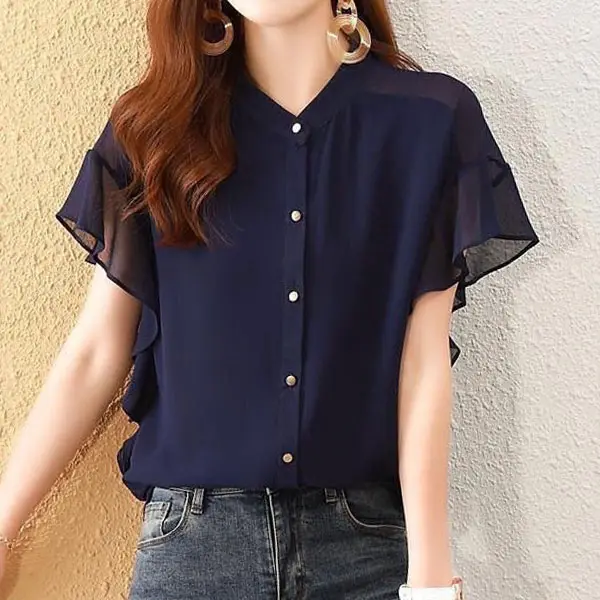 透膚清涼百搭雪紡襯衫 寬鬆顯瘦上衣 飛飛袖飛鼠袖 喇叭袖 荷葉邊 花邊 純色襯衫