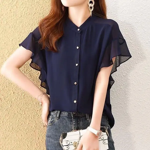 透膚清涼百搭雪紡襯衫 寬鬆顯瘦上衣 飛飛袖飛鼠袖 喇叭袖 荷葉邊 花邊 純色襯衫