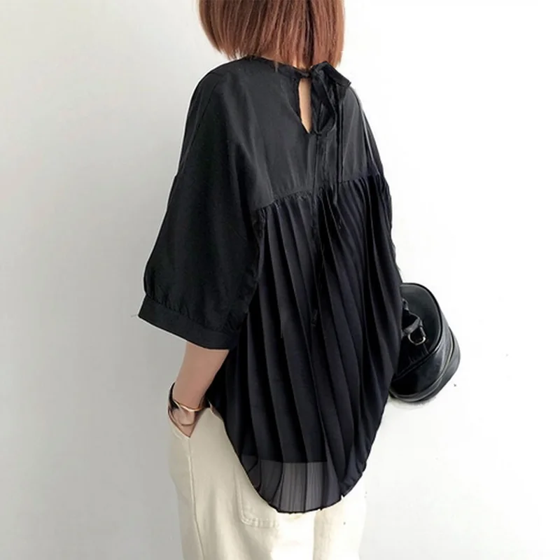 夏季襯衫新款 日系寬鬆圓領五分袖後背系帶上衣 壓褶T恤襯衫