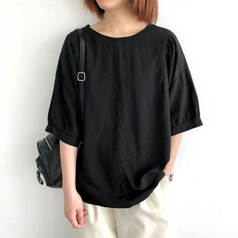 夏季襯衫新款 日系寬鬆圓領五分袖後背系帶上衣 壓褶T恤襯衫