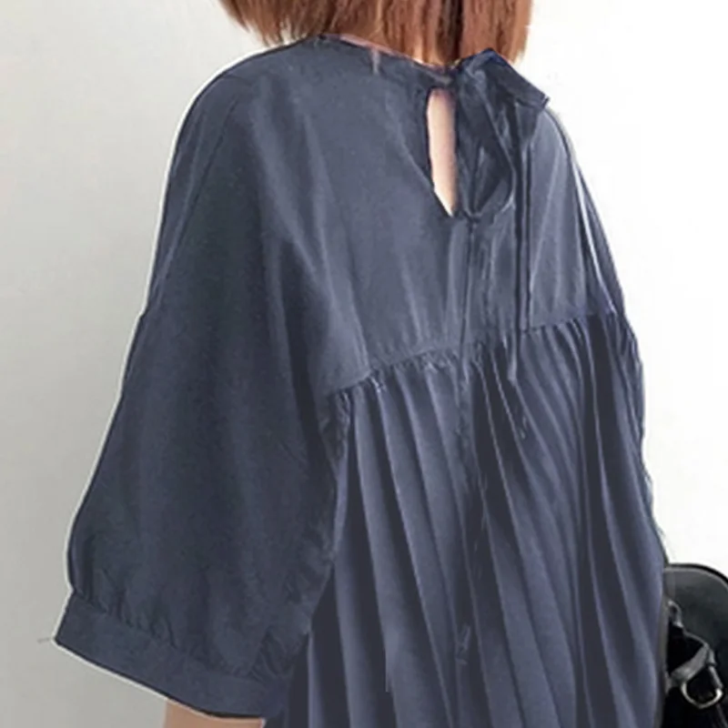 夏季襯衫新款 日系寬鬆圓領五分袖後背系帶上衣 壓褶T恤襯衫