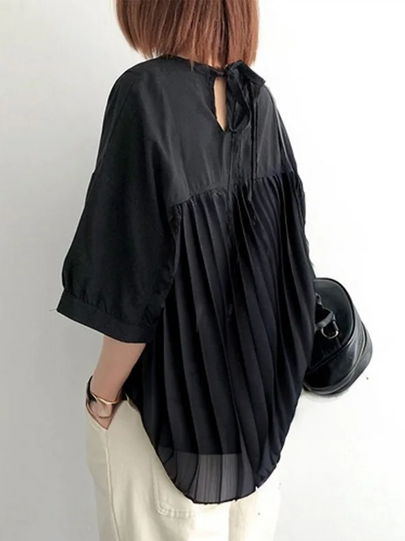 夏季襯衫新款 日系寬鬆圓領五分袖後背系帶上衣 壓褶T恤襯衫