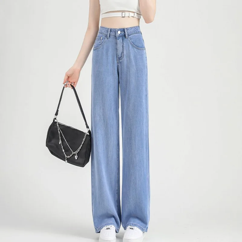 舒服軟糯好感 涼感 天絲牛仔褲 薄款 高腰 寬鬆顯瘦 大尺碼 垂感 直筒 冰絲 闊腿 牛仔褲