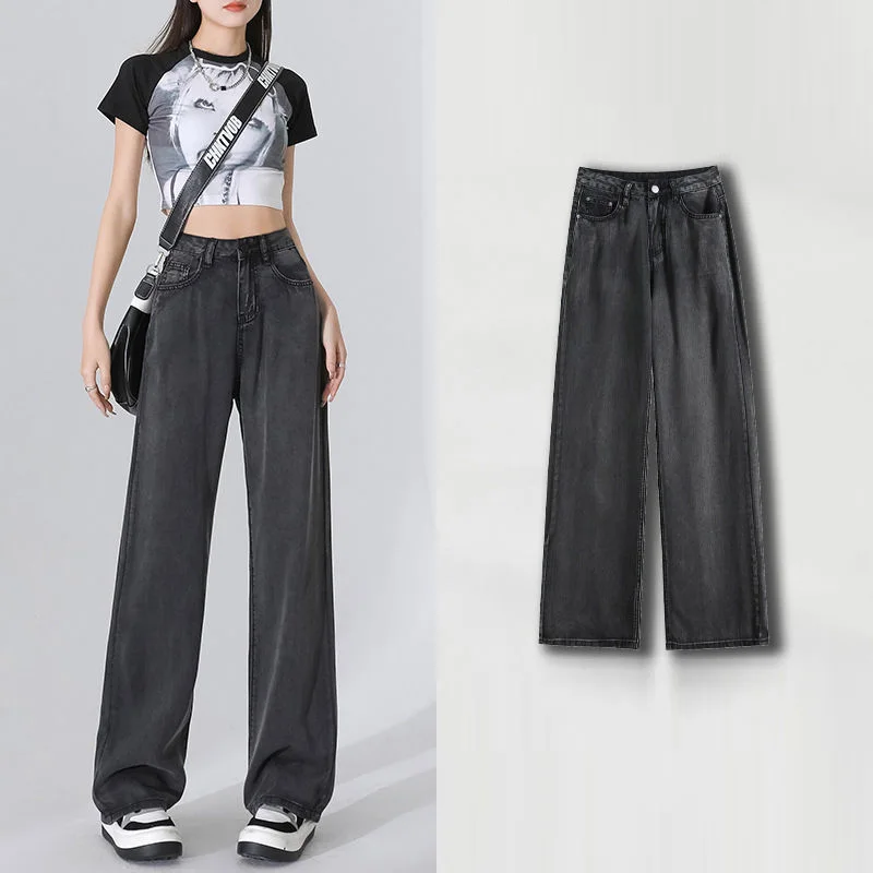 舒服軟糯好感 涼感 天絲牛仔褲 薄款 高腰 寬鬆顯瘦 大尺碼 垂感 直筒 冰絲 闊腿 牛仔褲