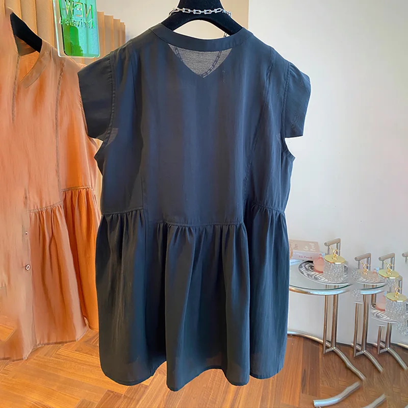 韓版 寬鬆 休閒 輕奢 小眾 天絲 中長下擺 蓬蓬 無袖 襯衫