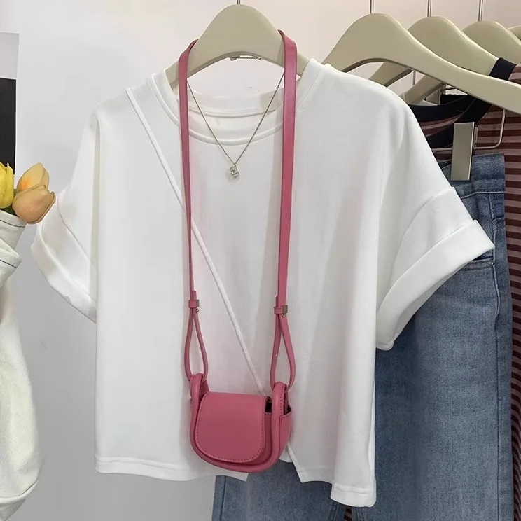 百搭時髦 設計感 開叉 純色 顯瘦 純棉 圓領 不規則 短袖 T恤