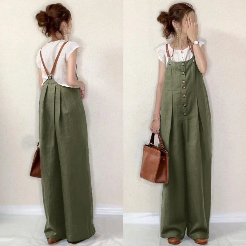 實現一件穿搭理想 無袖可調節背帶褲 夏日搭配女拼接紐扣 吊帶褲背心褲休閒褲