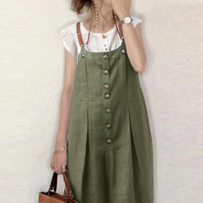 實現一件穿搭理想 無袖可調節背帶褲 夏日搭配女拼接紐扣 吊帶褲背心褲休閒褲