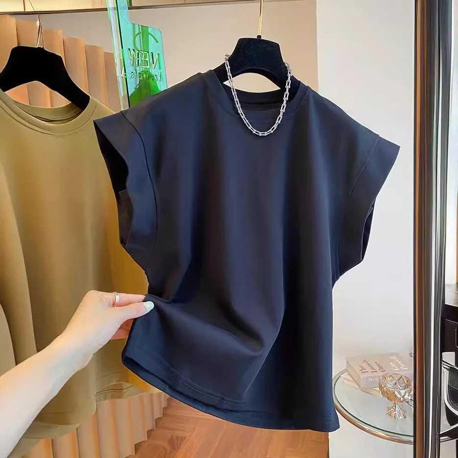 韓國 設計感 小眾 飛天袖 寬鬆 純棉 無袖 T恤