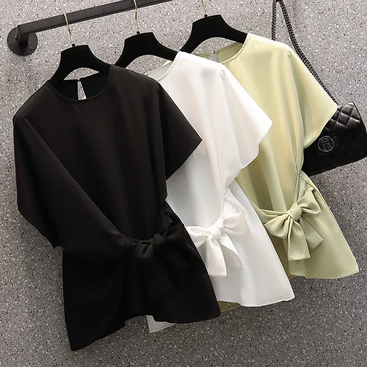 設計感素面t恤蝴蝶結 寬鬆顯瘦遮肚子 短袖寬鬆交叉系帶不規則上衣