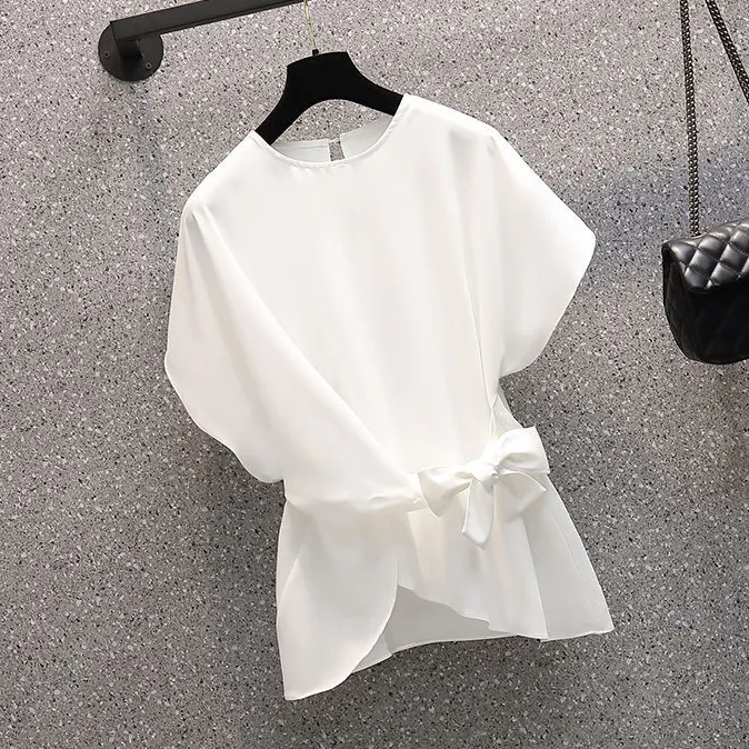 設計感素面t恤蝴蝶結 寬鬆顯瘦遮肚子 短袖寬鬆交叉系帶不規則上衣