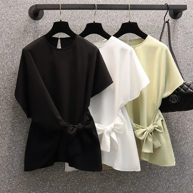 設計感素面t恤蝴蝶結 寬鬆顯瘦遮肚子 短袖寬鬆交叉系帶不規則上衣