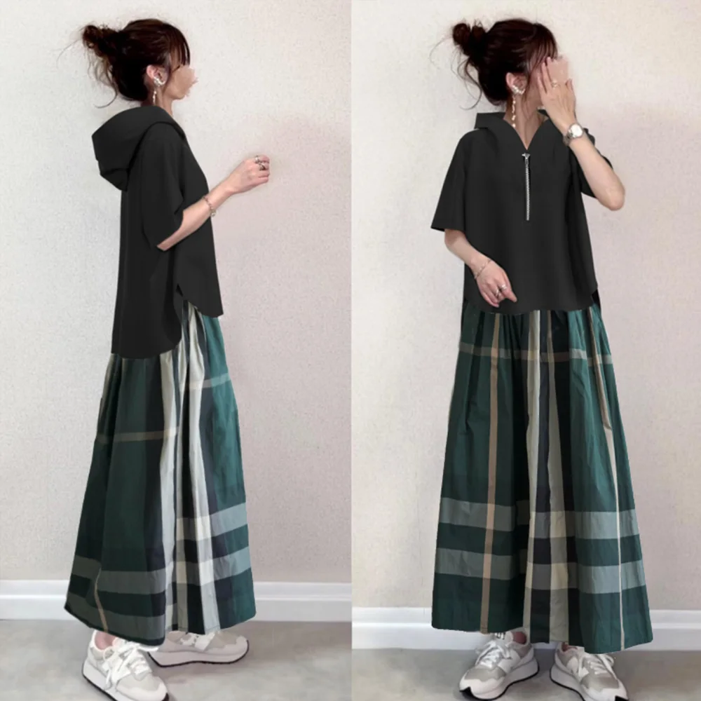 超柔親膚百搭 連帽 短袖 上衣+格子 半身裙 兩件套