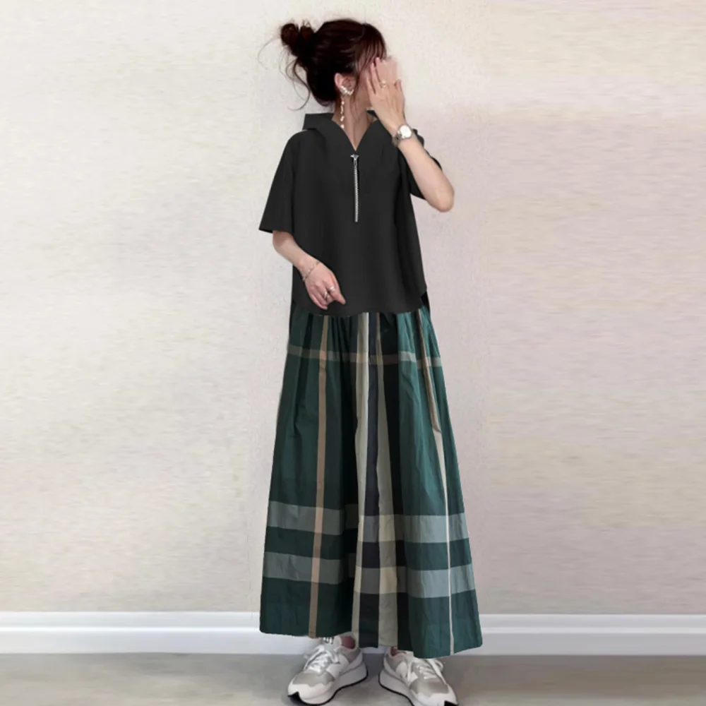 超柔親膚百搭 連帽 短袖 上衣+格子 半身裙 兩件套