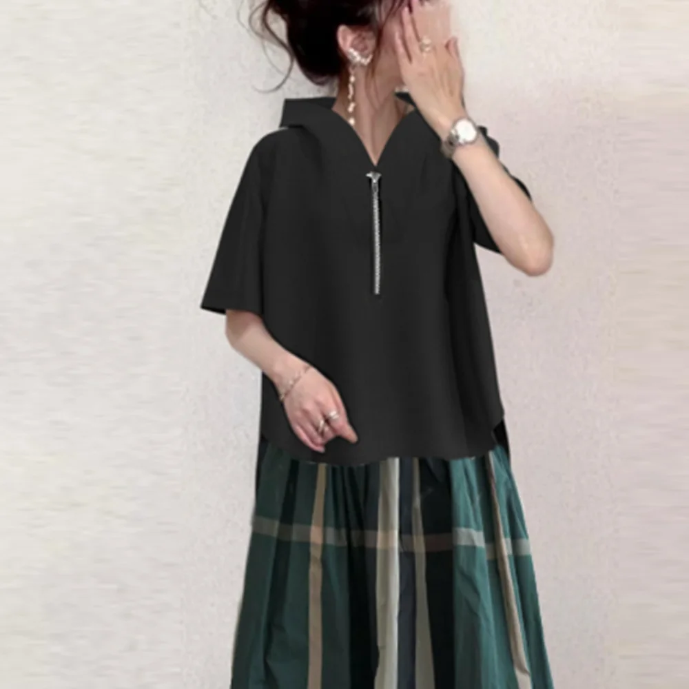 超柔親膚百搭 連帽 短袖 上衣+格子 半身裙 兩件套