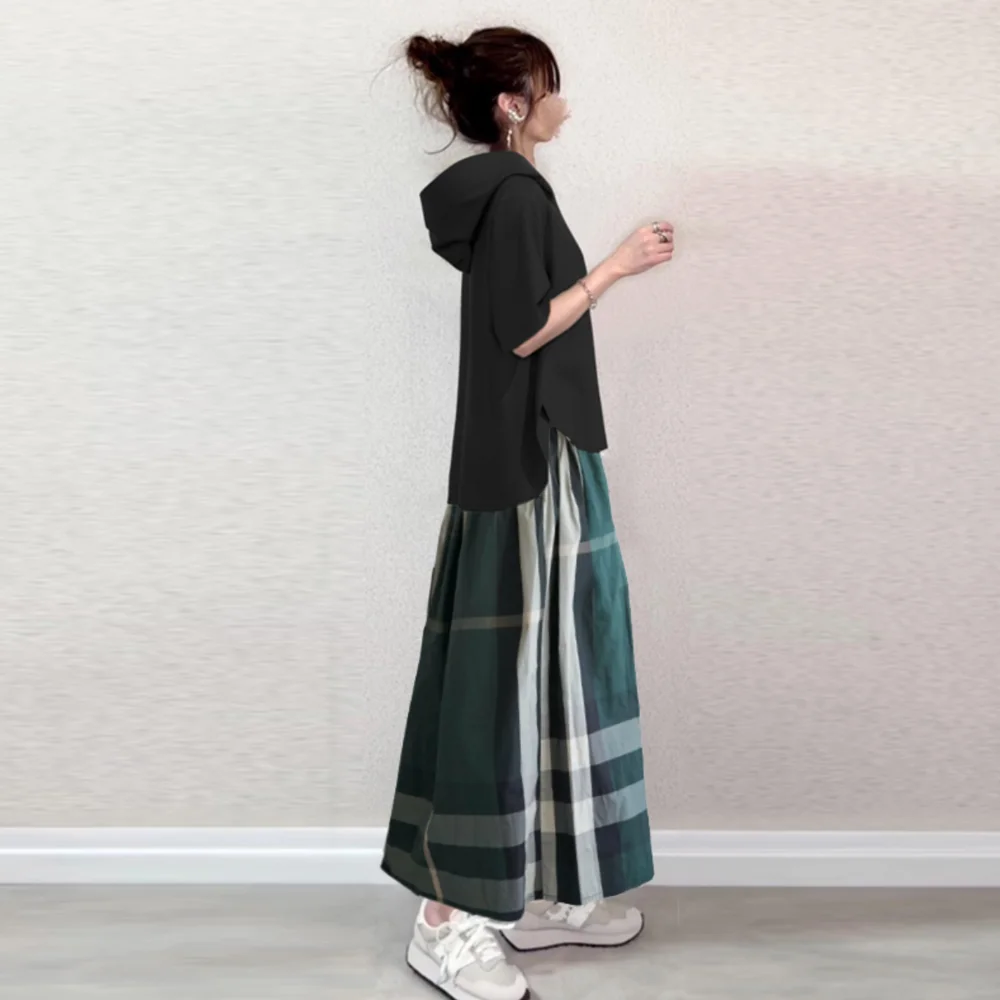 超柔親膚百搭 連帽 短袖 上衣+格子 半身裙 兩件套
