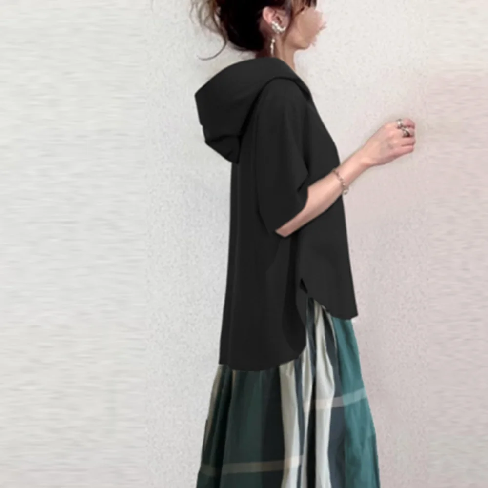 超柔親膚百搭 連帽 短袖 上衣+格子 半身裙 兩件套