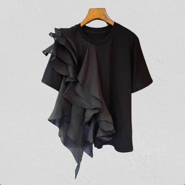 時尚 網紗 拼接 荷葉邊 寬鬆 短袖 T恤