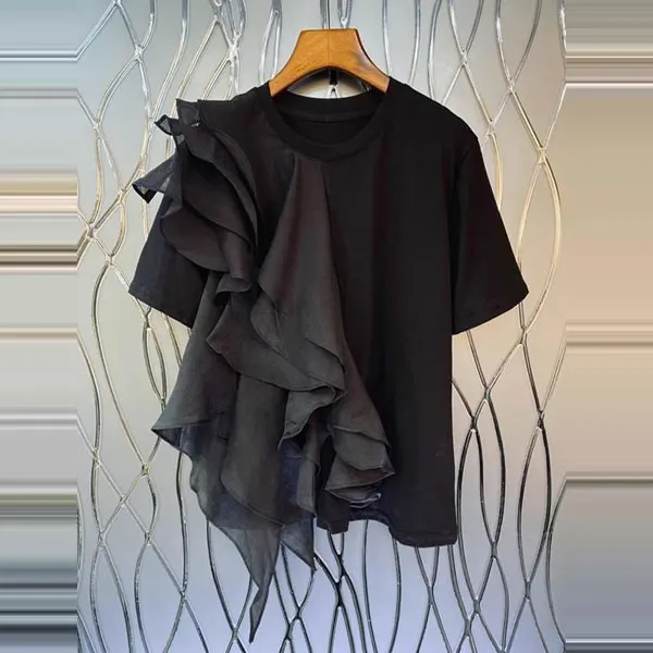 時尚 網紗 拼接 荷葉邊 寬鬆 短袖 T恤