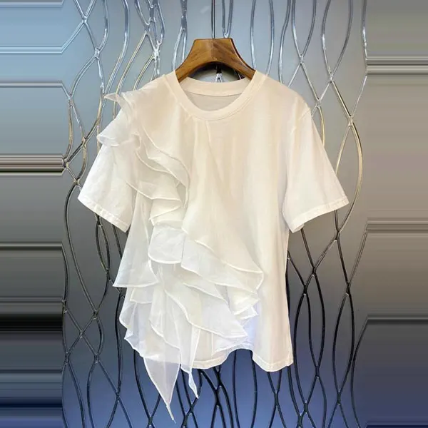 時尚 網紗 拼接 荷葉邊 寬鬆 短袖 T恤