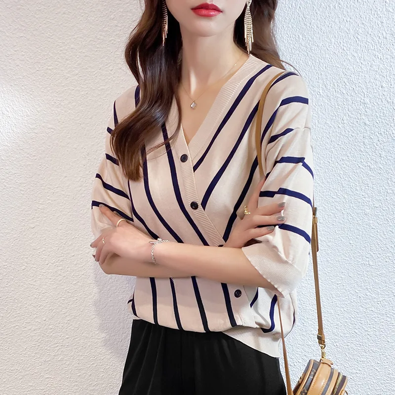 冰絲五分袖針織衫 條紋短袖t恤 寬鬆港風日系半袖上衣 夏新款v領薄IG潮