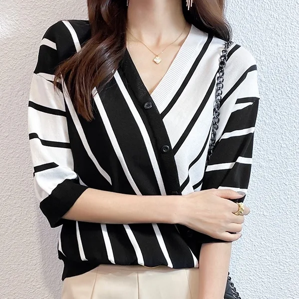 冰絲五分袖針織衫 條紋短袖t恤 寬鬆港風日系半袖上衣 夏新款v領薄IG潮