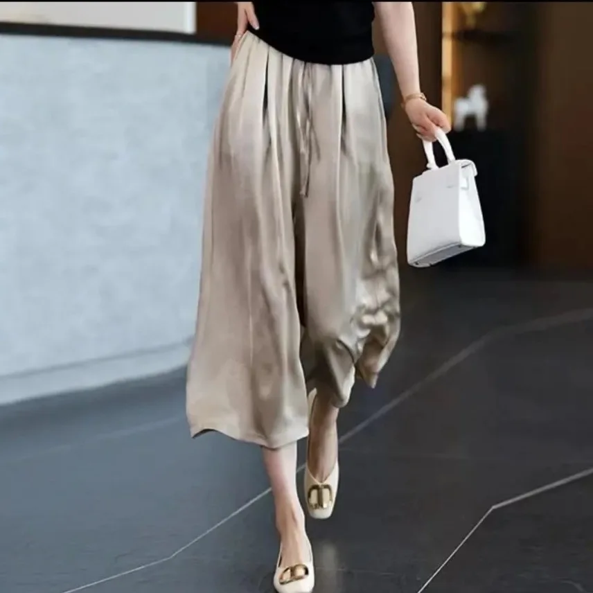 絲滑垂感緞面裙褲 寬褲 休閒高腰大碼顯高顯瘦氣質冰絲闊腿