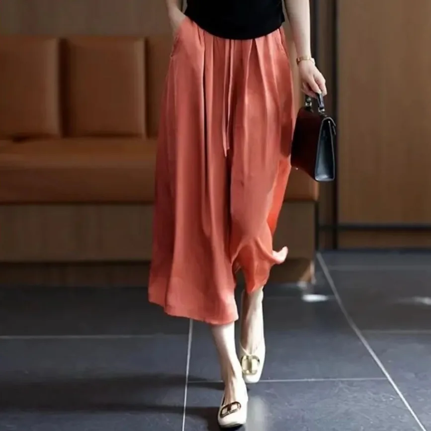 絲滑垂感緞面裙褲 寬褲 休閒高腰大碼顯高顯瘦氣質冰絲闊腿
