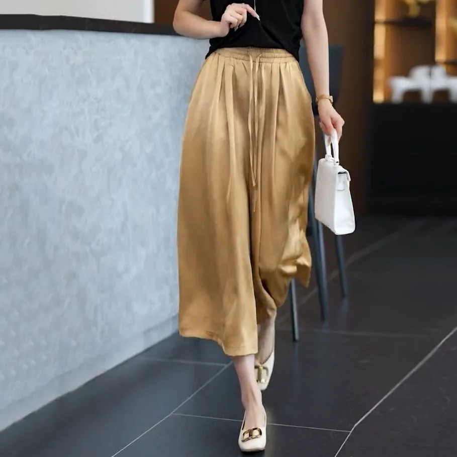 絲滑垂感緞面裙褲 寬褲 休閒高腰大碼顯高顯瘦氣質冰絲闊腿
