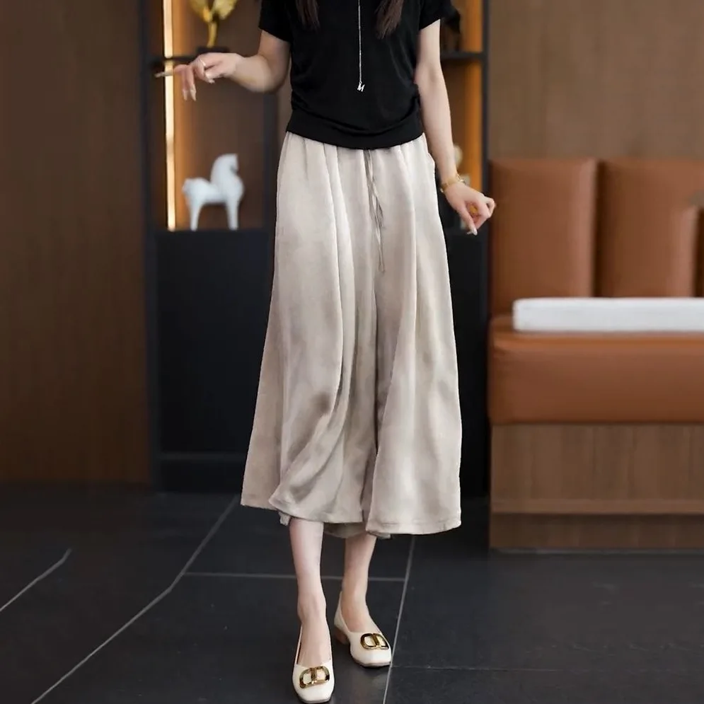 絲滑垂感緞面裙褲 寬褲 休閒高腰大碼顯高顯瘦氣質冰絲闊腿