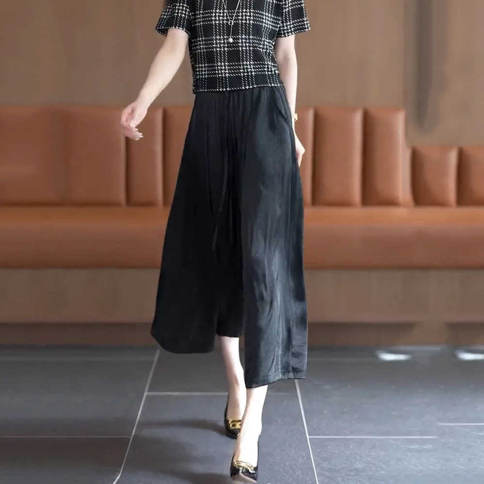 絲滑垂感緞面裙褲 寬褲 休閒高腰大碼顯高顯瘦氣質冰絲闊腿