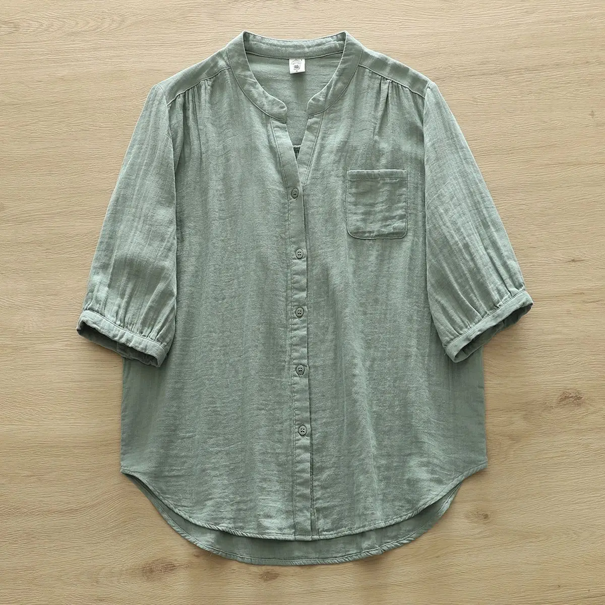 韓版 復古 小V領 寬鬆 休閒 簡約 七分袖 襯衫